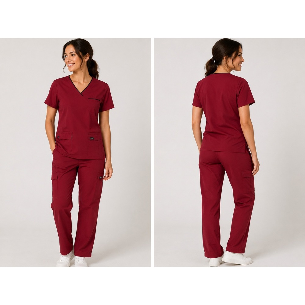 S-FOR-ME Scrubs Set Medium Burgundy Red V-Neck Top Cargo Pants Medical‎ Uniform